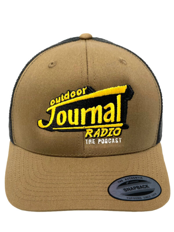 Outdoor Journal Radio Podcast Embroidered Retro Trucker Cap - Coyote Brown & Black